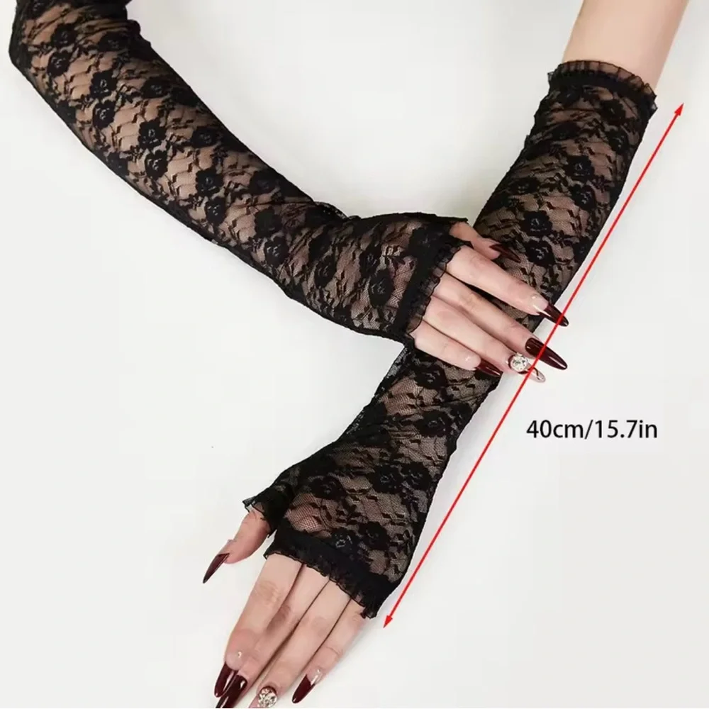 BLACK LACE OPERA LENGTH LONG AND SEDUCTIVE FINGERLESS GLOVES-ARM SLEEVE WARMERS